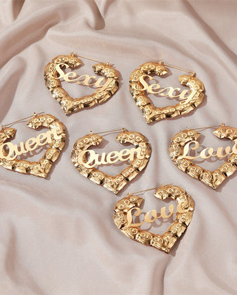 Personality Women Fashion Bamboo Hoop Earrings Letter Queen Love Sexy Dangle Earrings