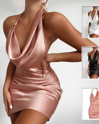 Satin Party Dress V Neck Backless Mini Sleeveless