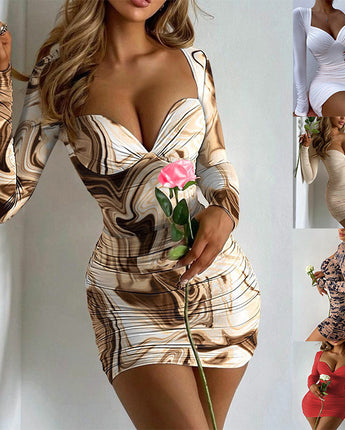 Women Low Neck Skirt Long Sleeve Print Dresses