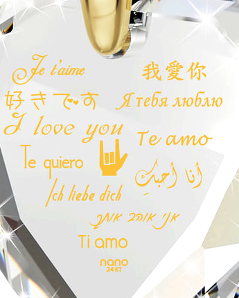 Gold Plated Silver I Love You Necklace 12 Languages Gold Inscribed and Crystal Earrings Heart Jewelry Set