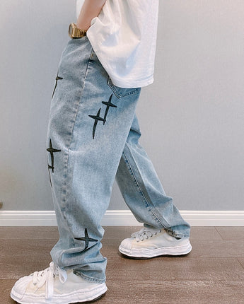Embroidered Jeans Men's Straight Loose