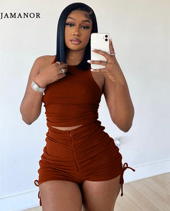Drawstring Zipper Rib Casual Set