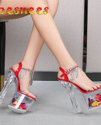 New Sparkling Tassel Drill High Heel Women Shoes Platform Transparent Crystal Wedding Sandal Sexy Nightclub Party Petals Shoes