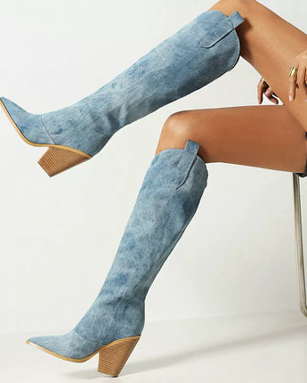 Denim Western Women Knee High  Boots
